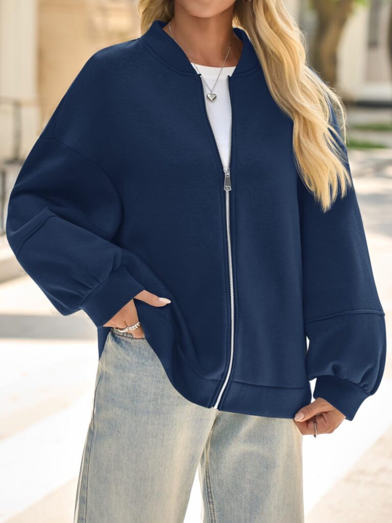 Fisoew Womens Zip Up Sweatshirt Casual Bomber Jacket Lantern Sleeve Oversized Jacket Fall Outfits 2025
