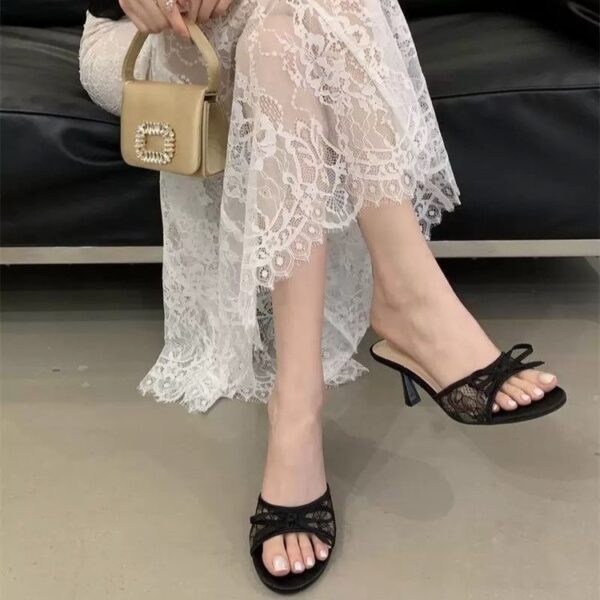 French Style Lace Bow Kitten Heel Mules For Women - Image 3