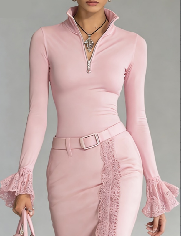 Lace-trimmed Stand-up Collar Zip-up Long-sleeved Top For Women - Image 2