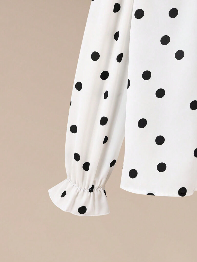 Printed Collared Ruffle-Trimmed Long-Sleeve Womens Shirt