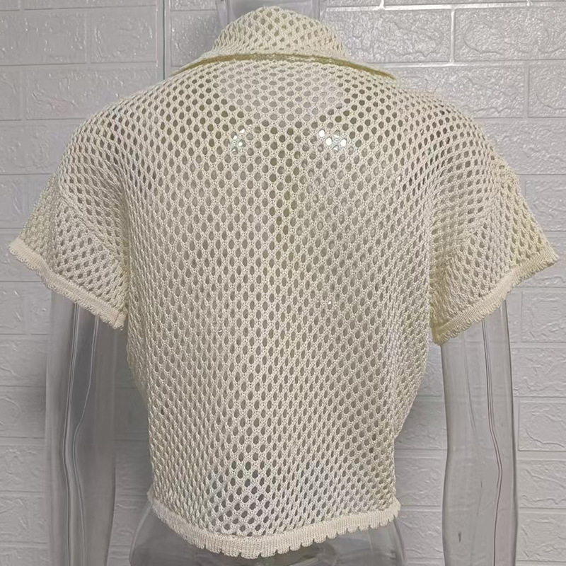 Knitted Cardigan Resort Style With A Turn-down Collar And Short Sleeves - Image 7