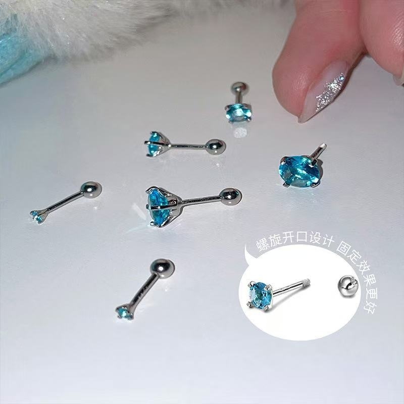 Titanium Steel Blue Zircon Four-Claw Threaded Earrings - Image 6