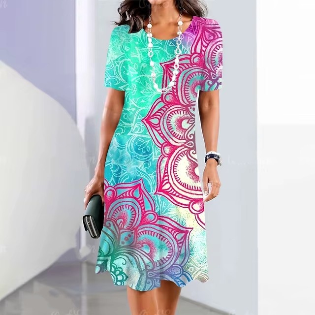 Womens Summer Classic 3D Digital Print Fashion Short-Sleeve Dress - Image 6