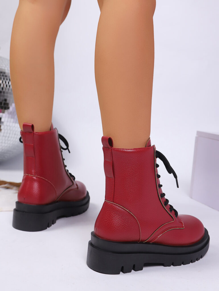 Women's Round-toe Plus-size Lace-up Chunky-sole Ankle Boots