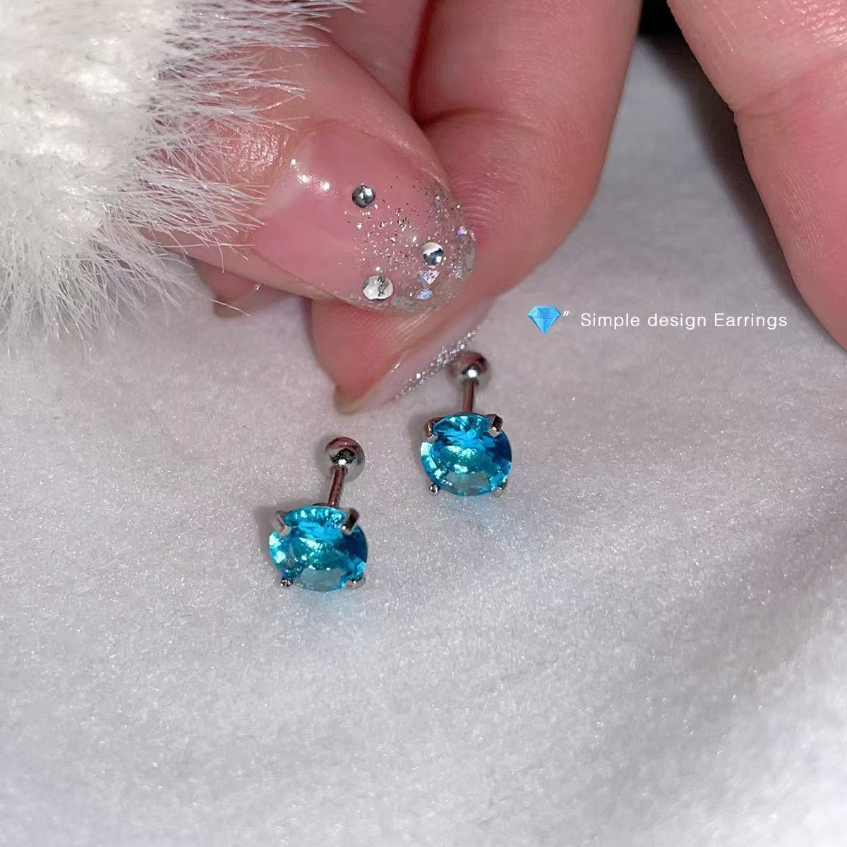 Titanium Steel Blue Zircon Four-Claw Threaded Earrings - Image 11