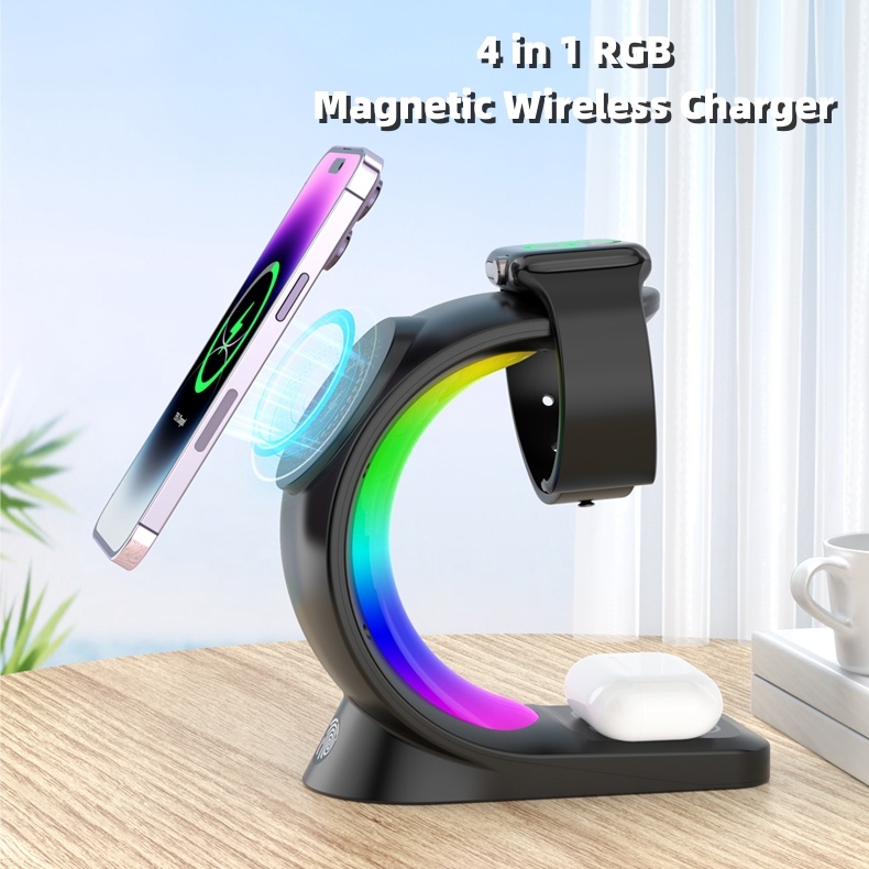 4 In 1 Magnetic Wireless Charger Fast Charging For Smart Phone Atmosphere Light Charging Station For Airpods Pro I-phone Watch - Image 1