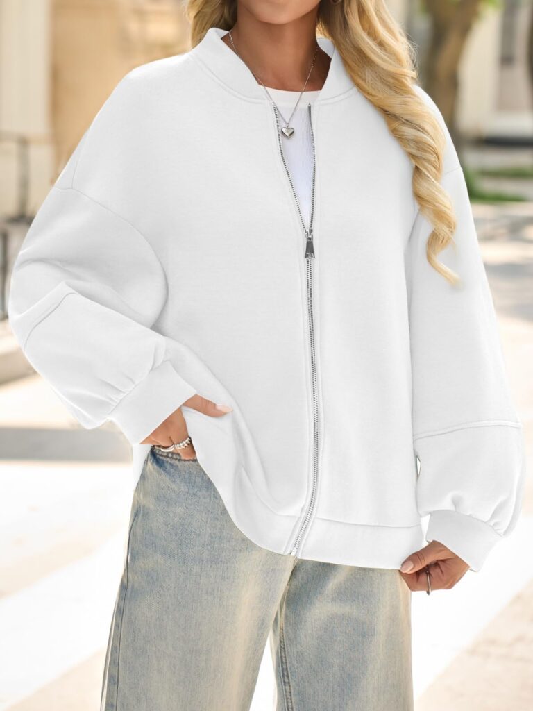 Fisoew Womens Zip Up Sweatshirt Casual Bomber Jacket Lantern Sleeve Oversized Jacket Fall Outfits 2025