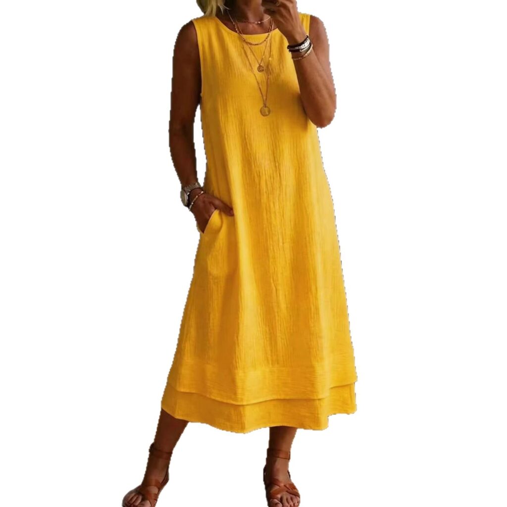 Women's Fashion Casual Cotton-Linen Crew-Neck Sleeveless Dress