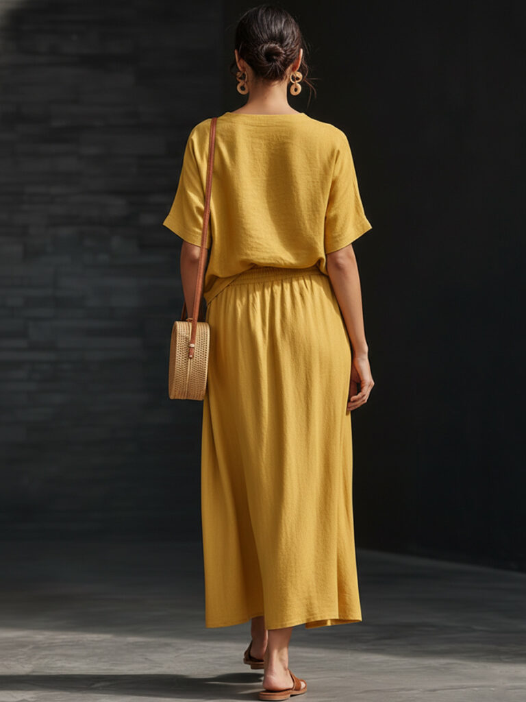 Cotton-linen V-neck Button-up Short-sleeve Top And Skirt Set