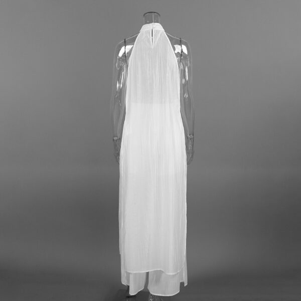 White Tencel Sleeveless Halter Neck Long Vest And Trousers Two-piece Set - Image 3
