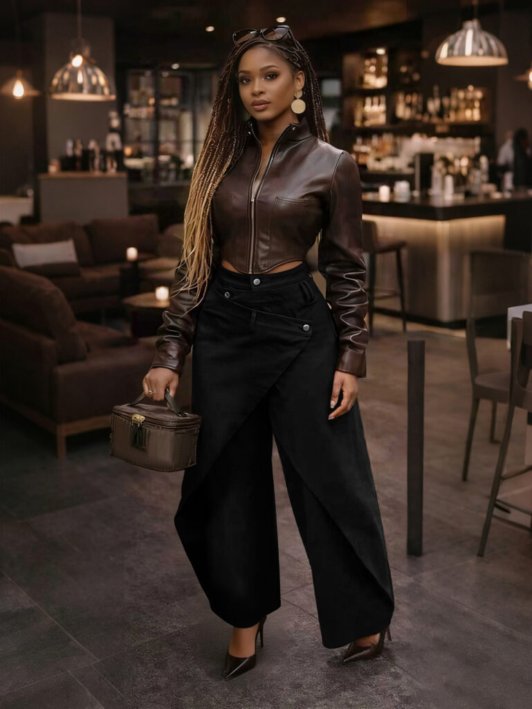 Retro High-waisted Cross-over Metal Buckle Irregular Wide-leg Pants