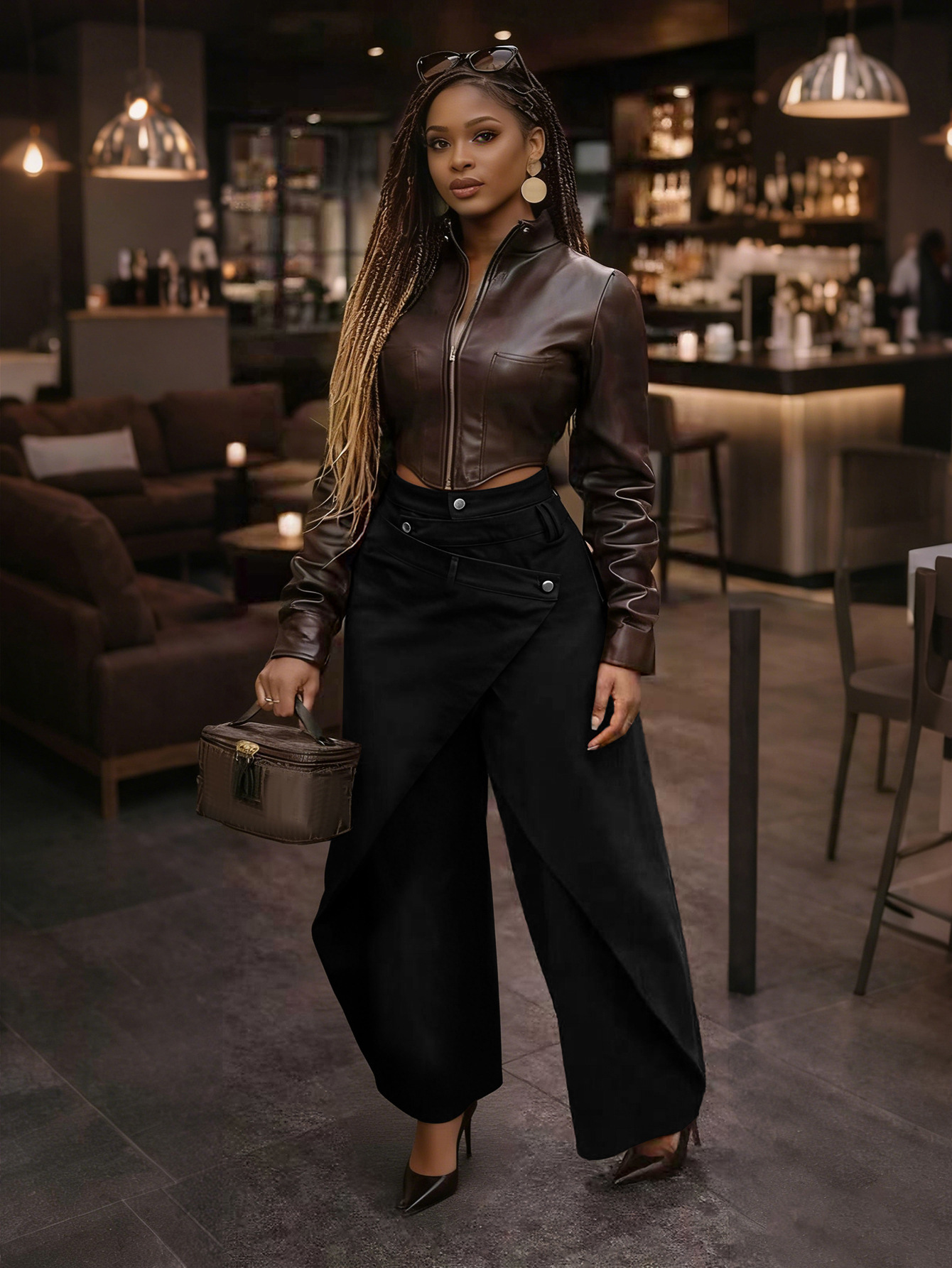 Retro High-waisted Cross-over Metal Buckle Irregular Wide-leg Pants - Image 7