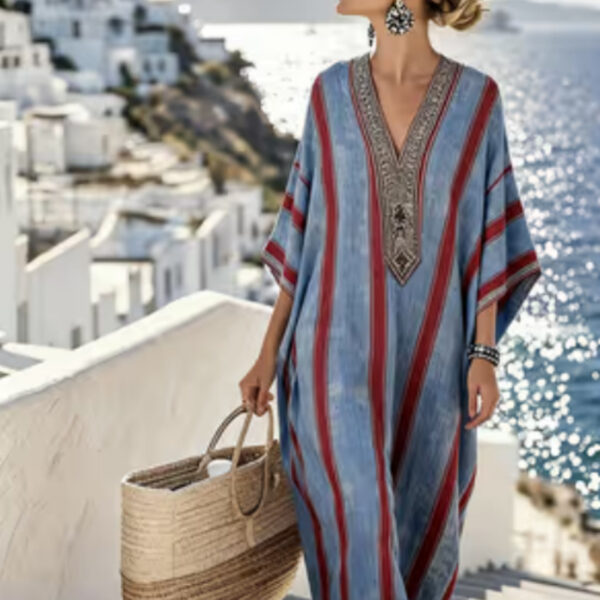 Women'S Casual Color-Block Cotton And Linen Dress
