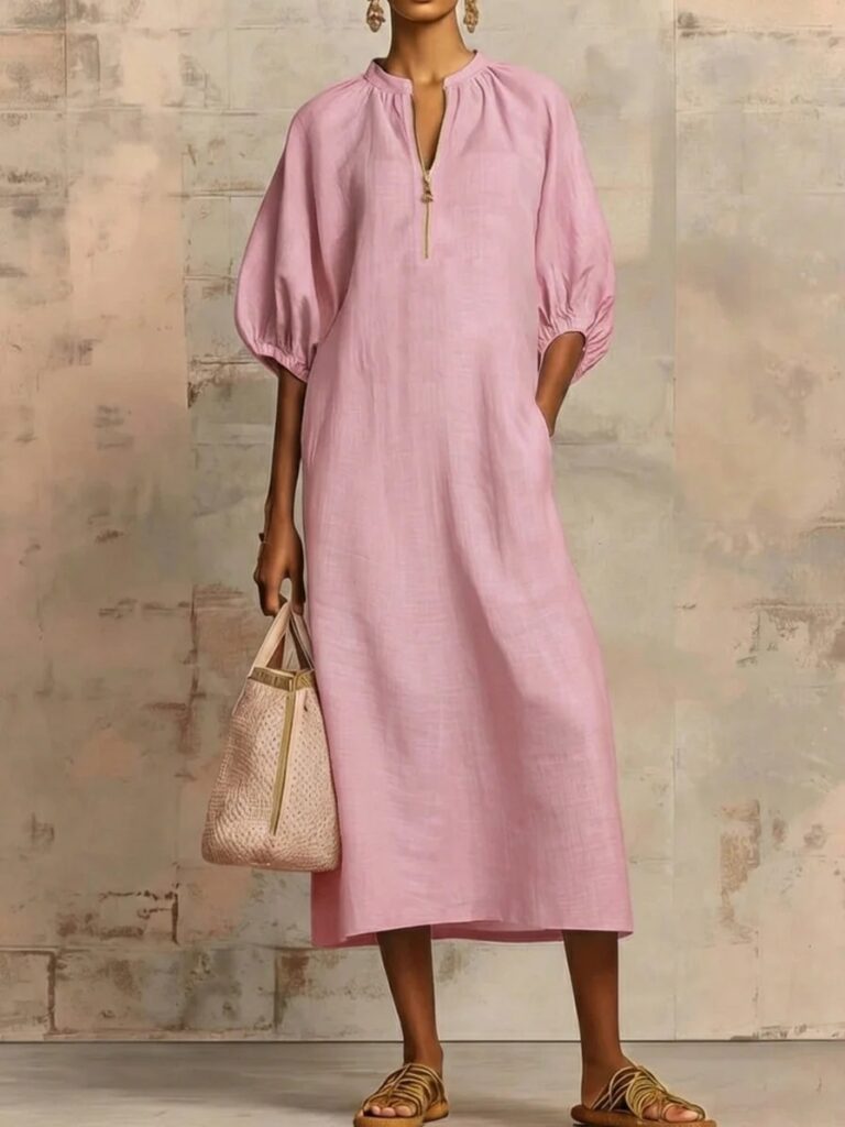 Womens Solid-Colored Cotton-Linen Loose-Fit Casual Puff-Sleeve Dress
