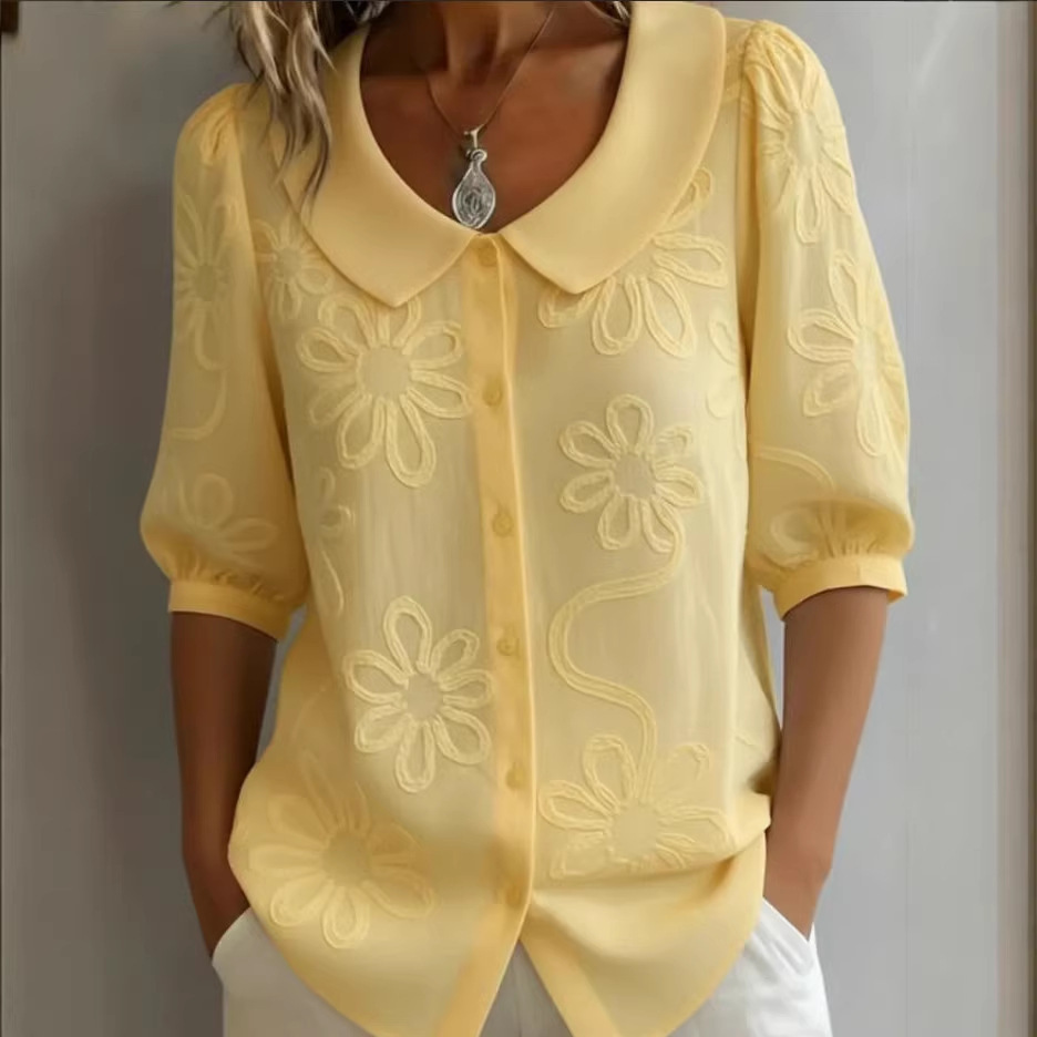 Loose-fit Retro Buttoned 3D Embroidered Floral Shirt - Image 6