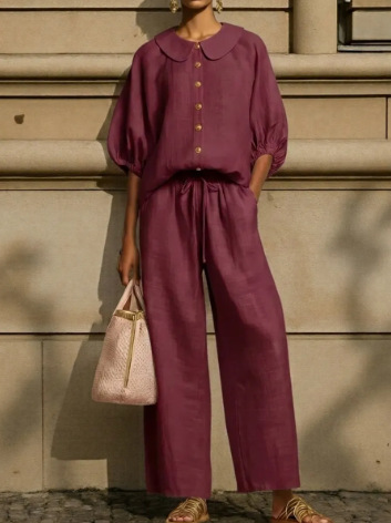 Fashionable Collar Shirt And Wide-Leg Pants Linen Two-Piece Set - Image 5