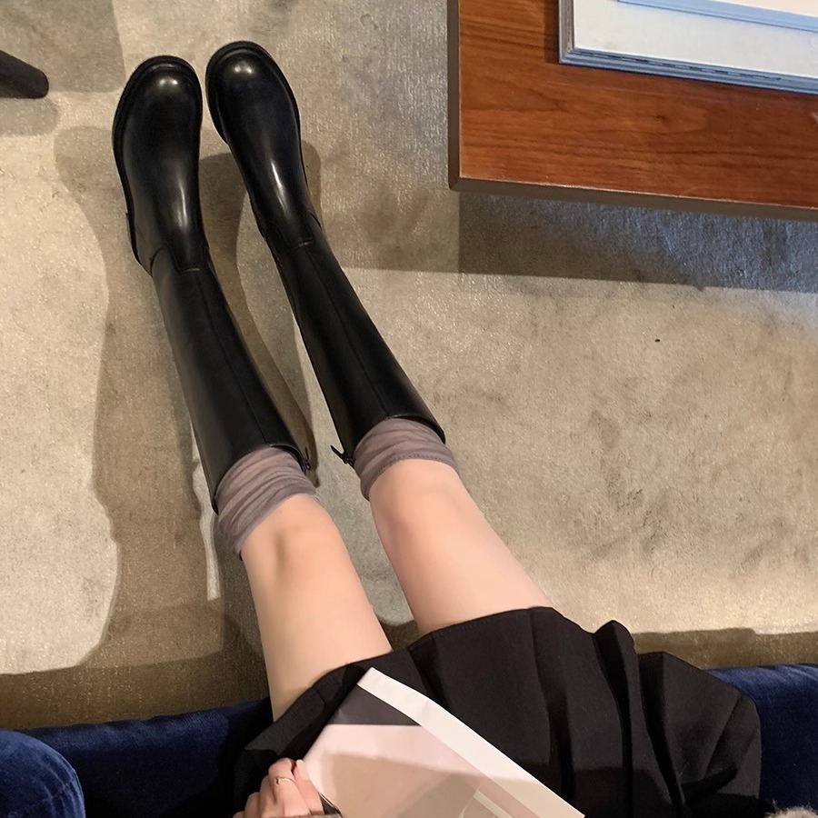 Knee-high Fleece-lined Round-toe Low-heeled With Side Zippers Womens High-rise Riding Boots
