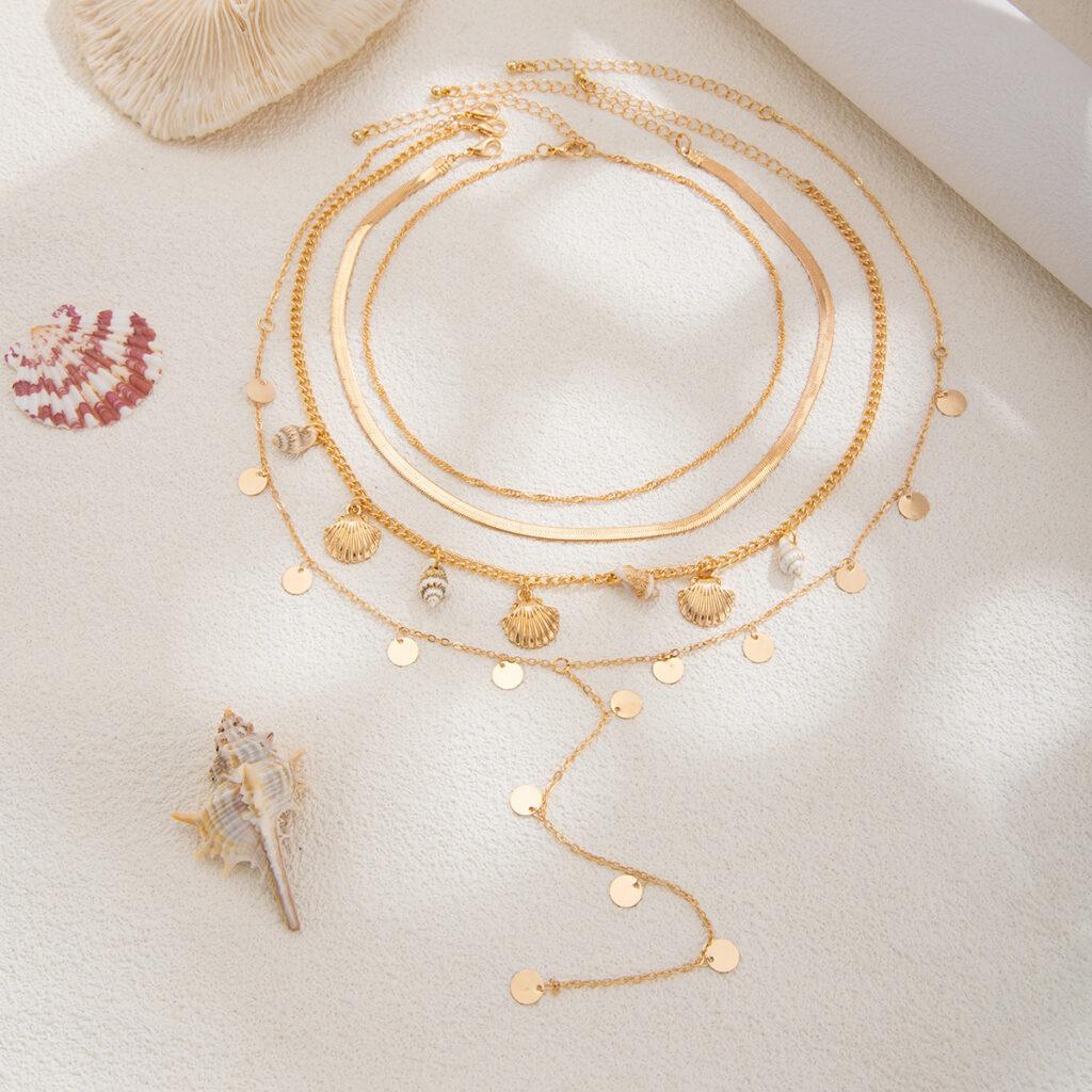 Vacation Fan Seashell Sequin Chain Stacked Collarbone Necklace