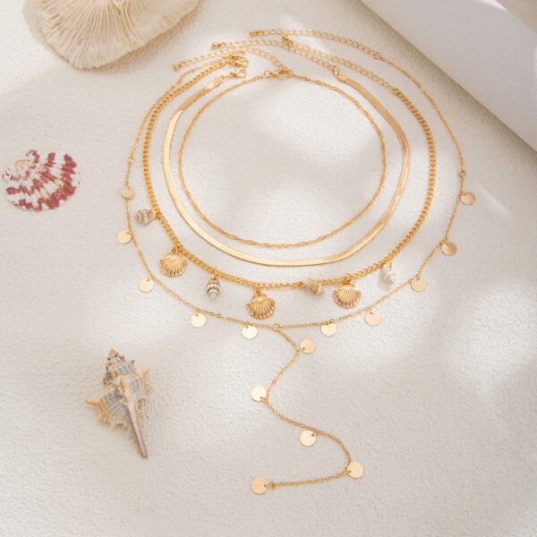 Vacation Fan Seashell Sequin Chain Stacked Collarbone Necklace - Image 7