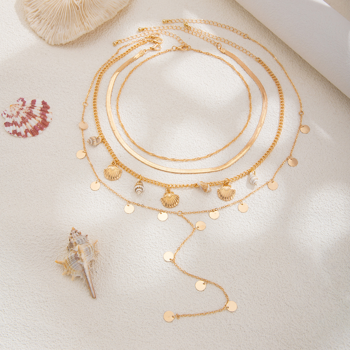 Vacation Fan Seashell Sequin Chain Stacked Collarbone Necklace - Image 7