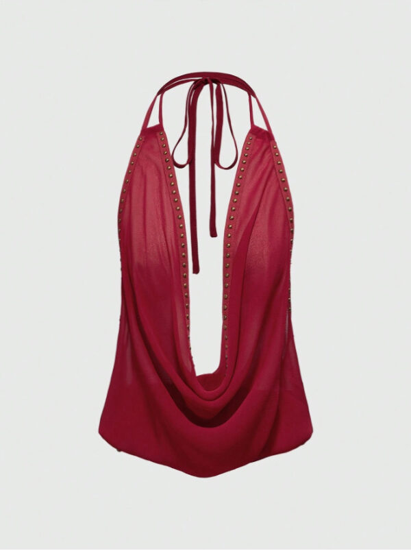 Solid-color Top With Studs Sexy Womens Clothing - Image 3
