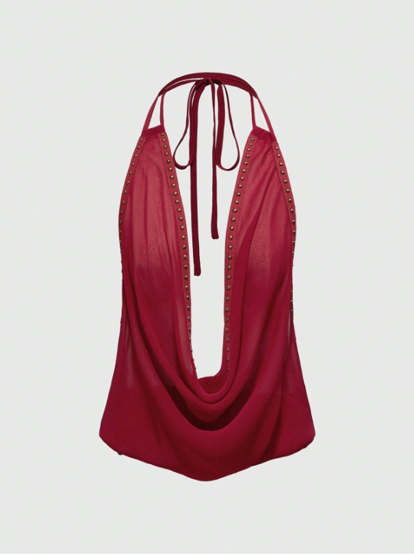Solid-color Top With Studs Sexy Womens Clothing - Image 3