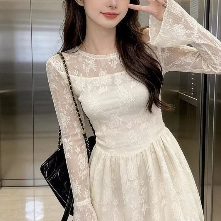 Korean-style Milk Apricot Long-Sleeve Lace Patchwork Dress - Image 16