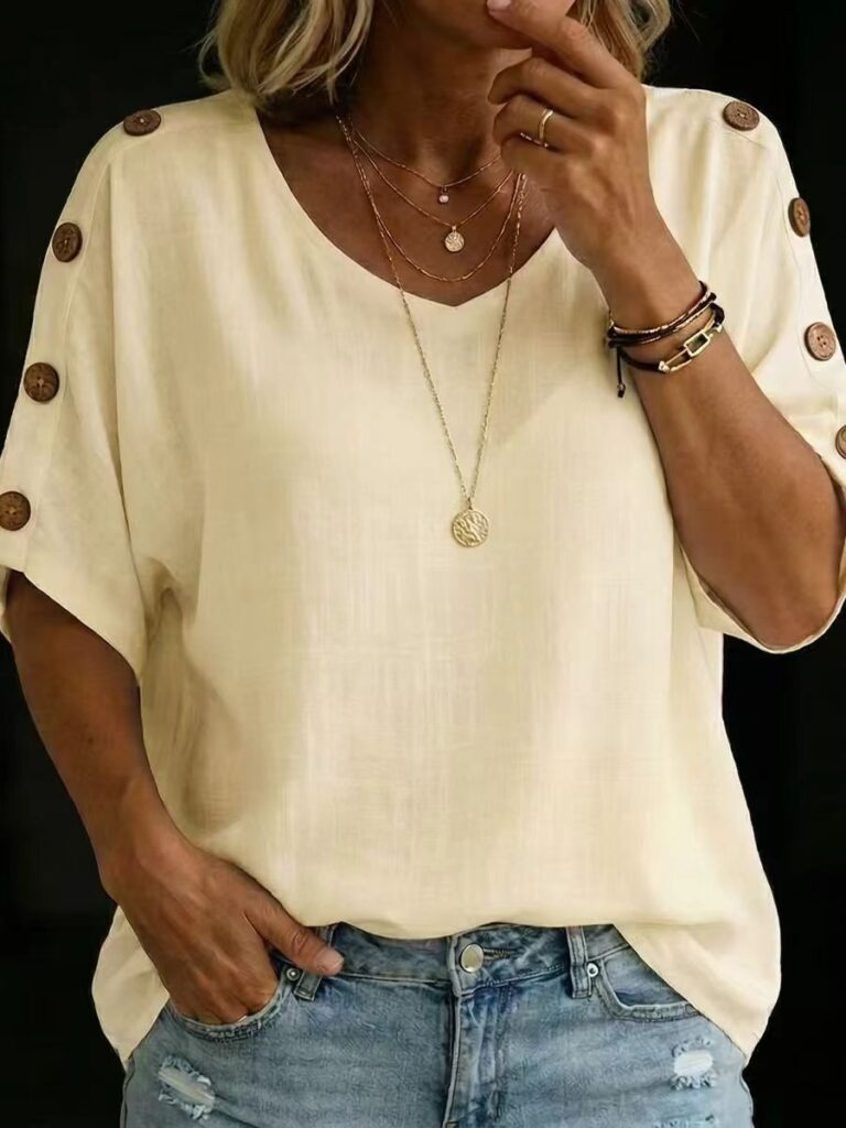 Casual Fashion Buttoned Crew-Neck Pullover Womens T-Shirt
