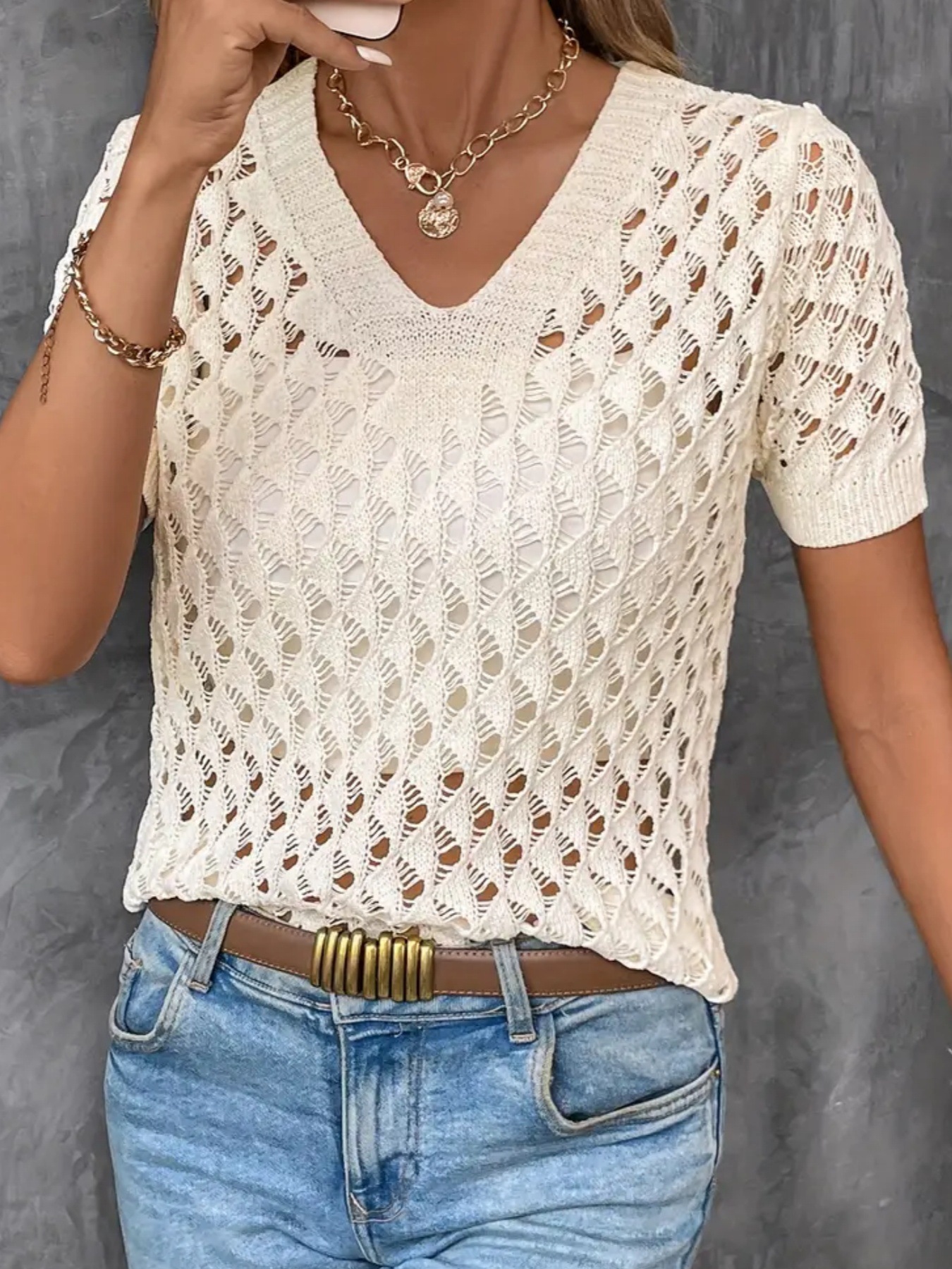 Womens Fashionable Hollow-Out Plus-Size Short-Sleeve Knitted Top - Image 6