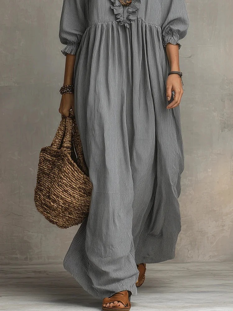 Womens Striped Ruffle-Trimmed Loose High-Waist V-Neck Dress - Image 12