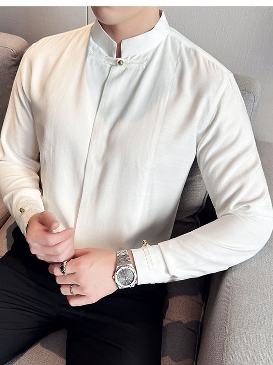 Men's Solid Color Stand Collar Long-sleeved Shirt - Image 8