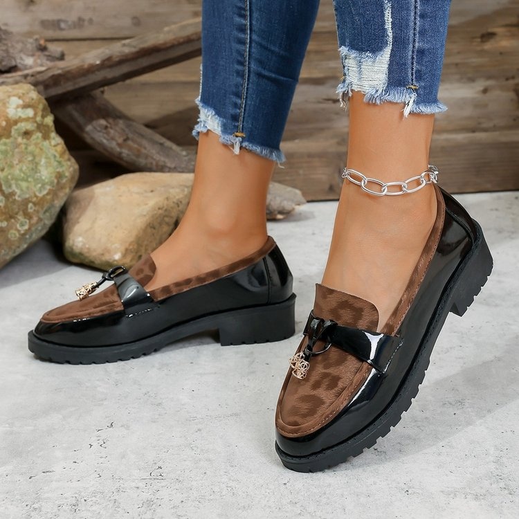New 2025 Autumn Winter Korean Style Mid-Heel Retro Leopard Print Buckle Loafers, Lightweight Height-Increasing Non-Slip Casual Shoes