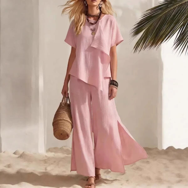 Casual Asymmetrical Short-sleeve Top And Slit Wide-leg Pants Set - Image 5