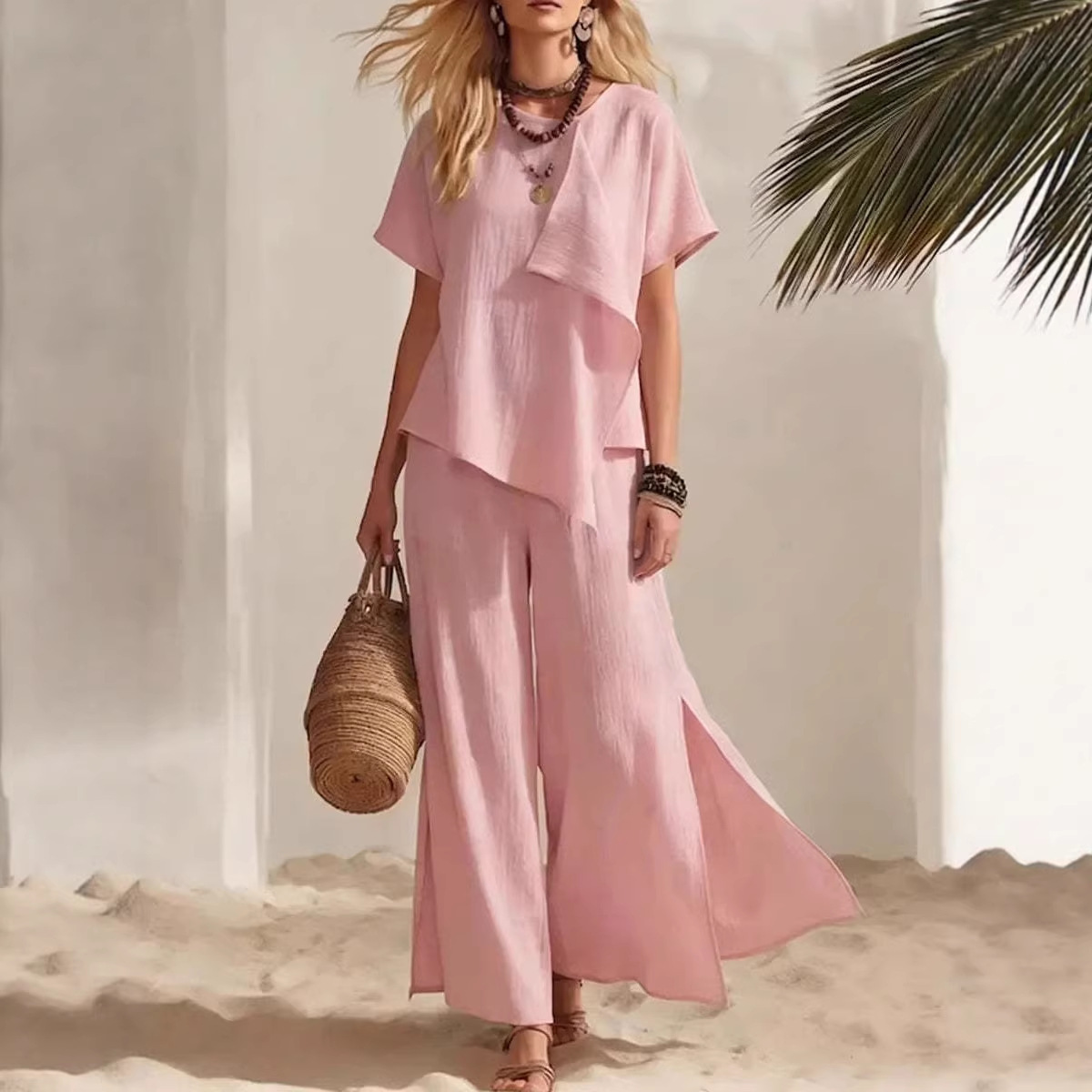 Casual Asymmetrical Short-sleeve Top And Slit Wide-leg Pants Set - Image 5