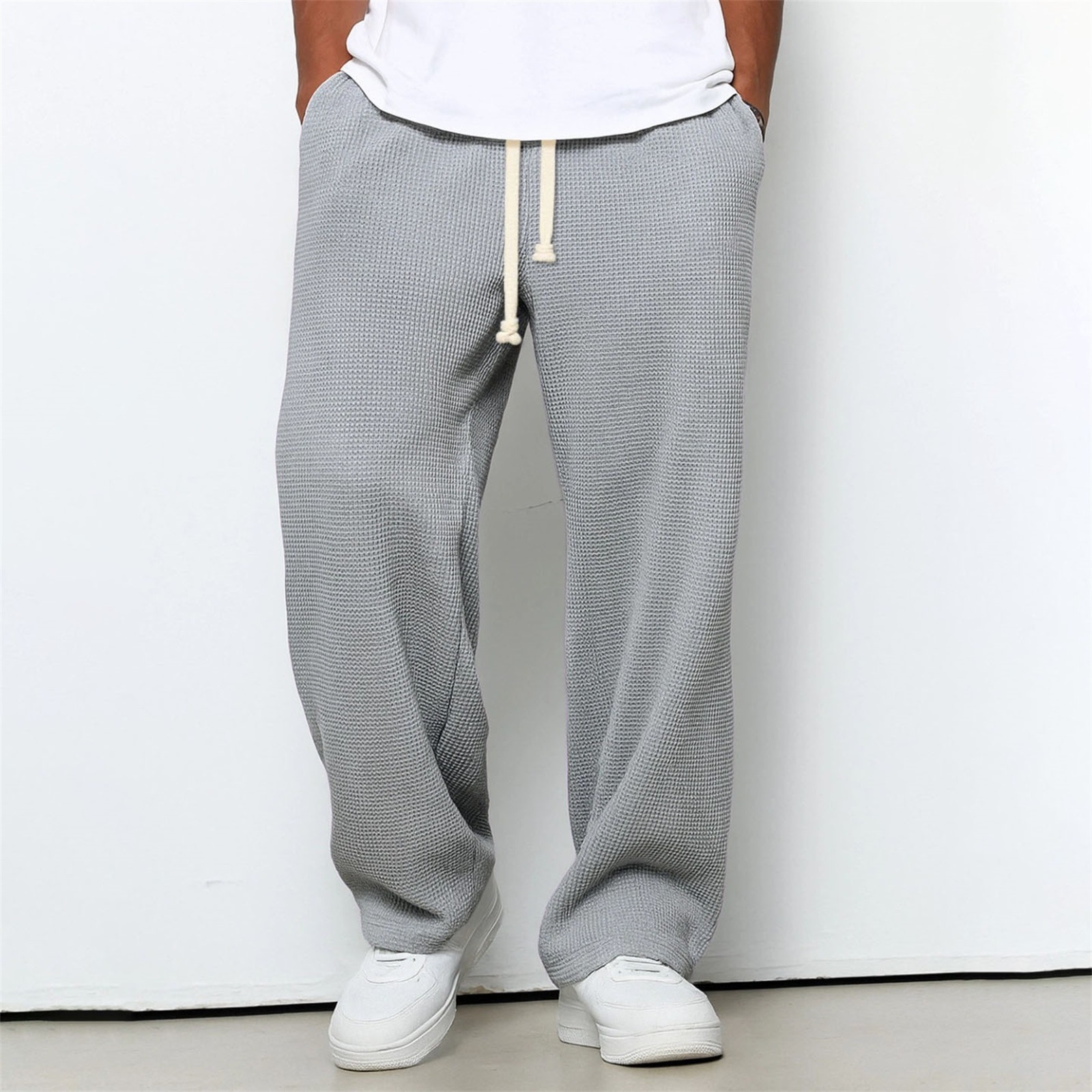 Mens Relaxed-fit Waffle-knit Wide-leg Athleisure Pants - Image 41