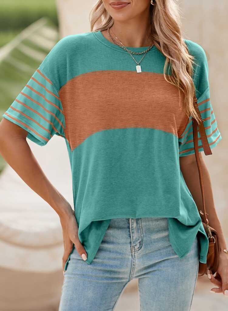 Women's New Style Crew Neck Pullover Casual Striped Color-Block Short-Sleeved T-Shirt