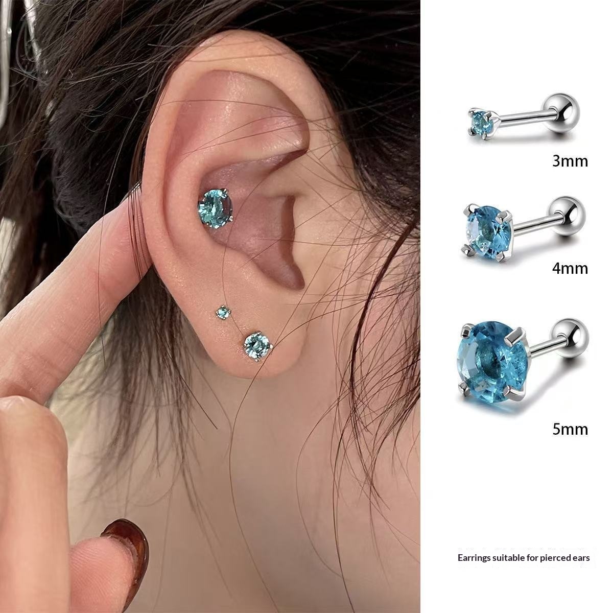 Titanium Steel Blue Zircon Four-Claw Threaded Earrings - Image 1