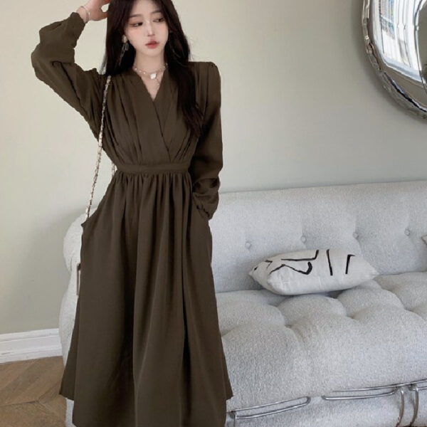 Elegant Long Sleeve V Neck Solid Color Dress - Image 5
