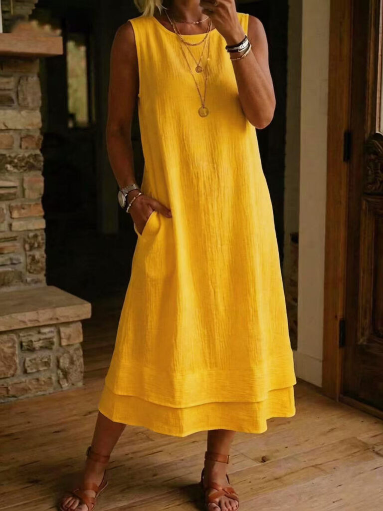 Women's Fashion Casual Cotton-Linen Crew-Neck Sleeveless Dress