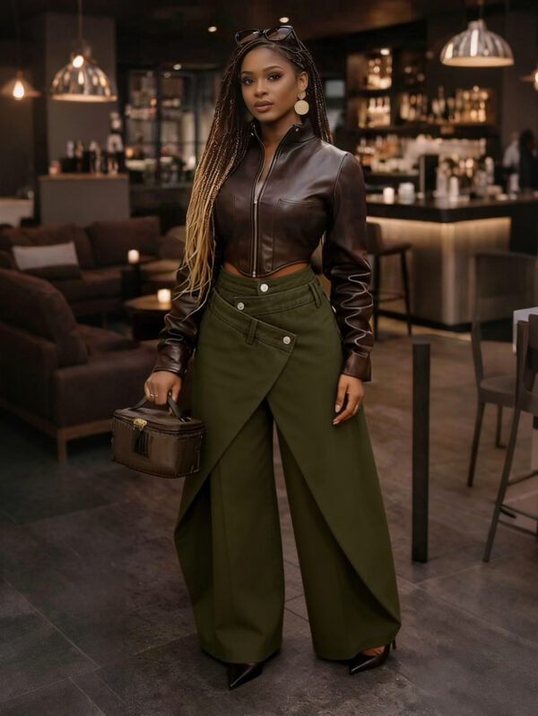 Retro High-waisted Cross-over Metal Buckle Irregular Wide-leg Pants - Image 8