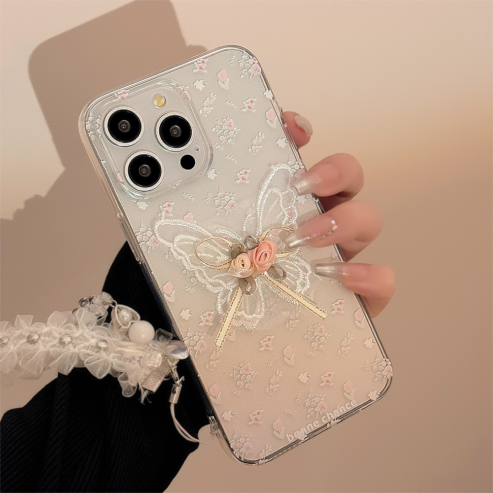 Aesthetic Embroidered Butterfly Flower Phone Case With A Transparent Lace Pendant - Image 5