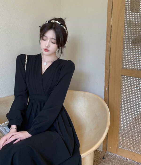 Elegant Long Sleeve V Neck Solid Color Dress - Image 11