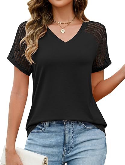 Loose-fitting Hollow-out Mesh Panel V-neck Short-sleeve Top - Image 12