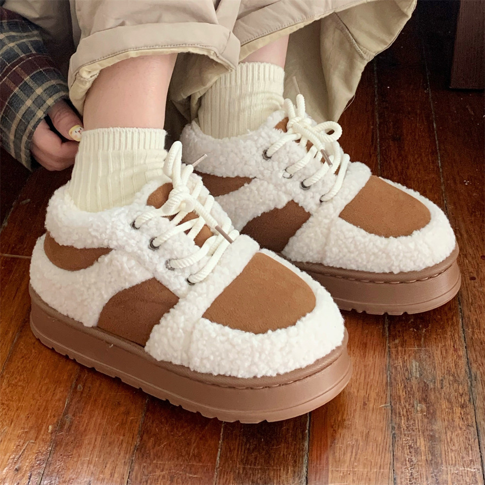 Korean-style Color-Block Lambswool Casual Sneakers AutumnWinter Cotton Boots