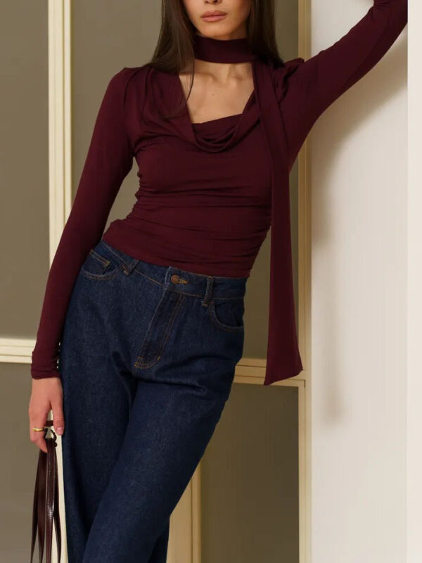 Ribbon V-neck Scarf Long-sleeved Base Shirt - Image 8