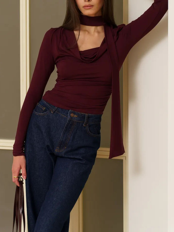 Ribbon V-neck Scarf Long-sleeved Base Shirt - Image 8