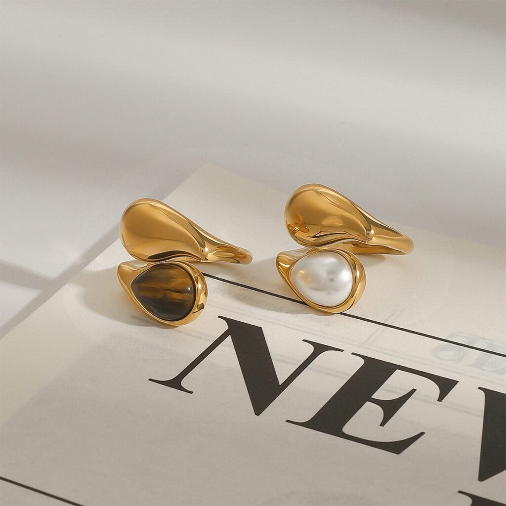 Versatile Fashionable Waterdrop-Inlaid Pearl Stainless Steel Open Ring