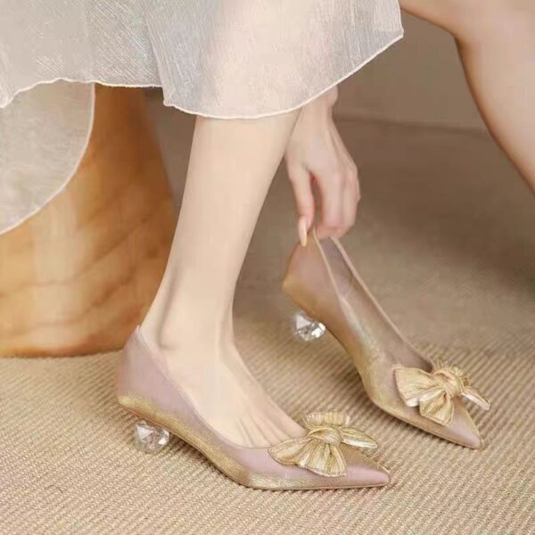 French Style Pointed Toe Chunky Mid-heel Single Shoes With Bow Detail, Fabric Upper, Design-oriented Niche Temperament Celebrity Style Dress Matching Pumps - Image 7