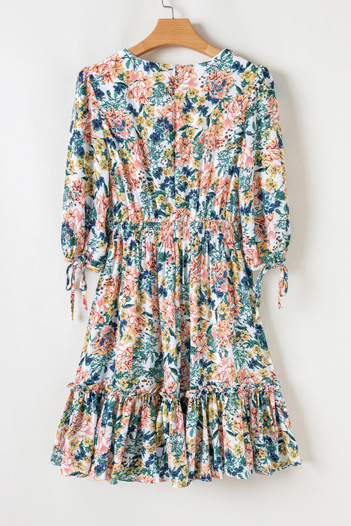 Floral 3/4 Sleeve V-Neck High Waist Ruffle Dress - Image 5