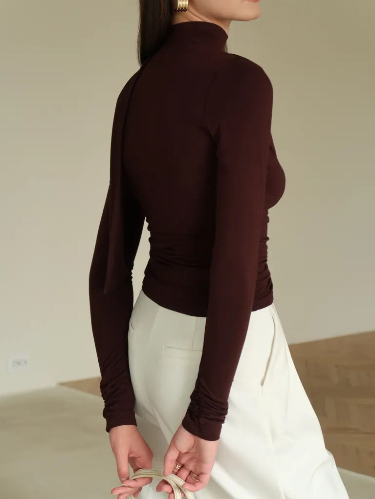 Ribbon V-neck Scarf Long-sleeved Base Shirt - Image 4